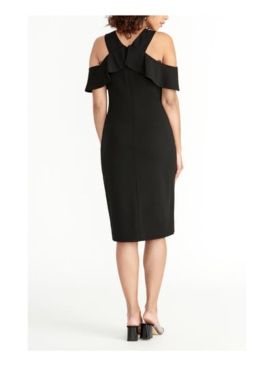 RACHEL ROY Womens Ruffled Cold Shoulder Cold Shoulder Halter Below The Knee Evening Sheath Dress