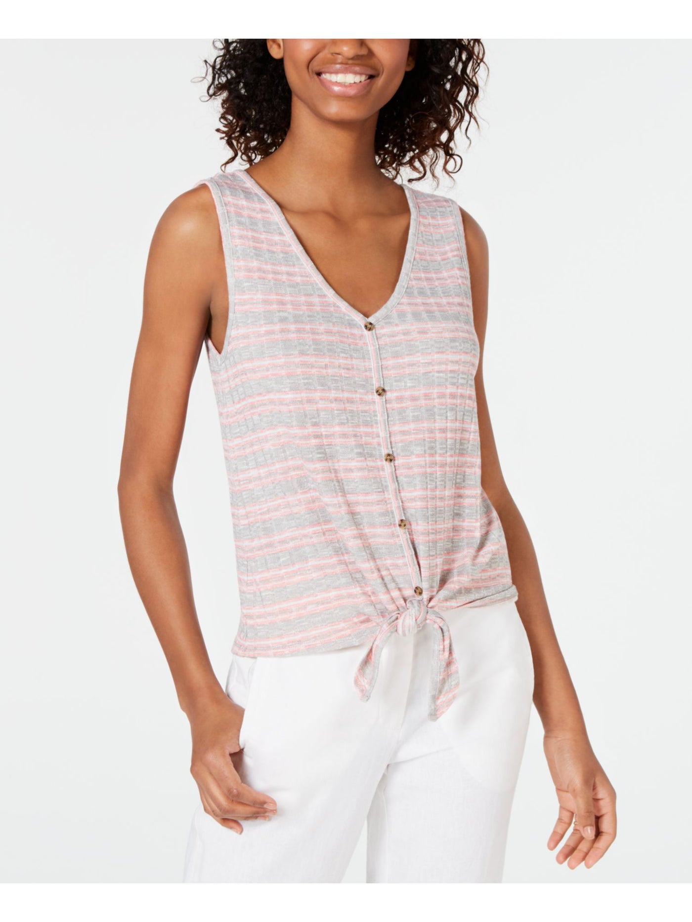 HIPPIE ROSE Womens Gray Tie Rib-knit Striped Sleeveless V Neck Tank Top S