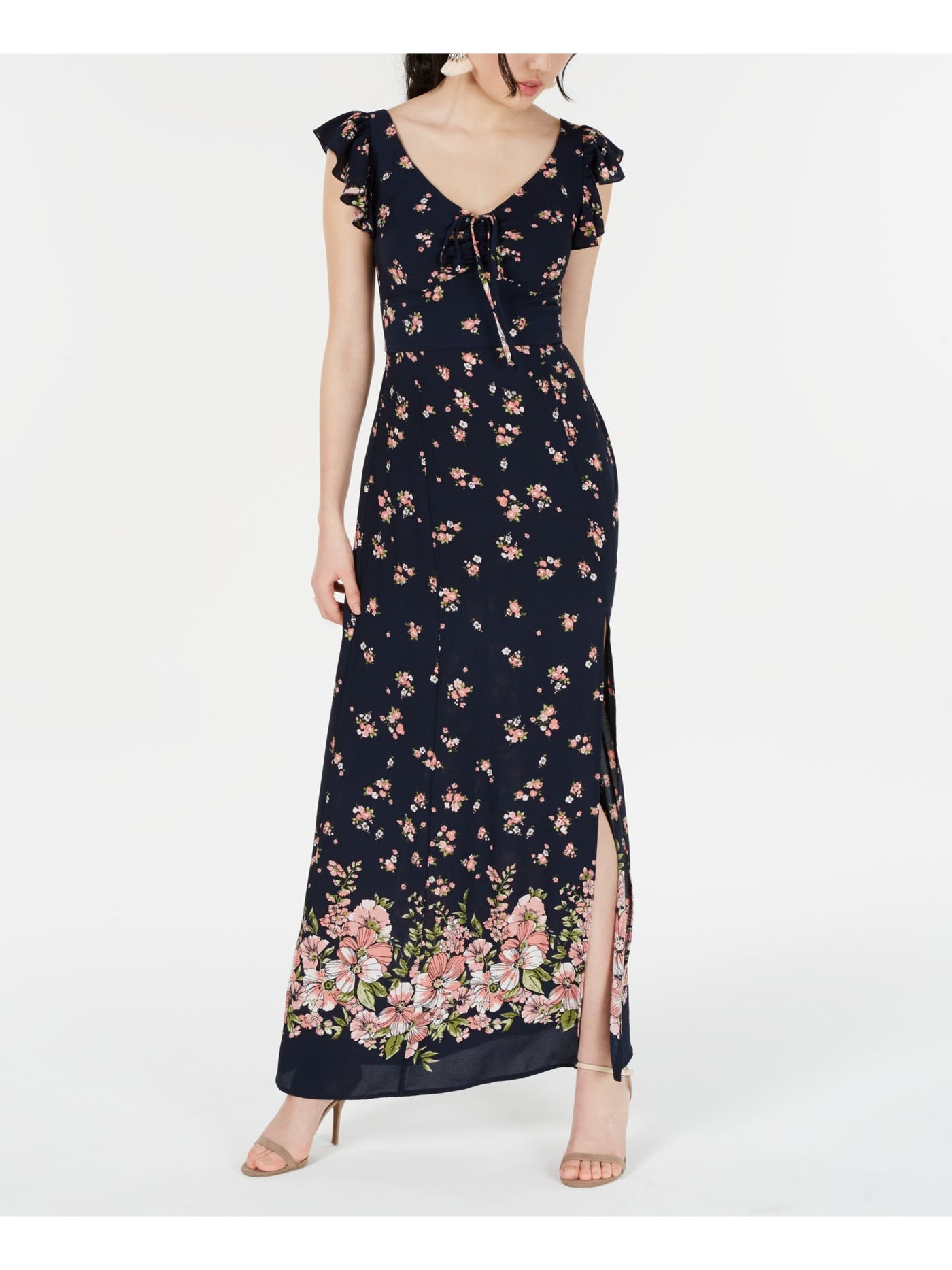 TEEZE ME Womens Slitted Ruffled Bow Cap Sleeve Maxi Dress