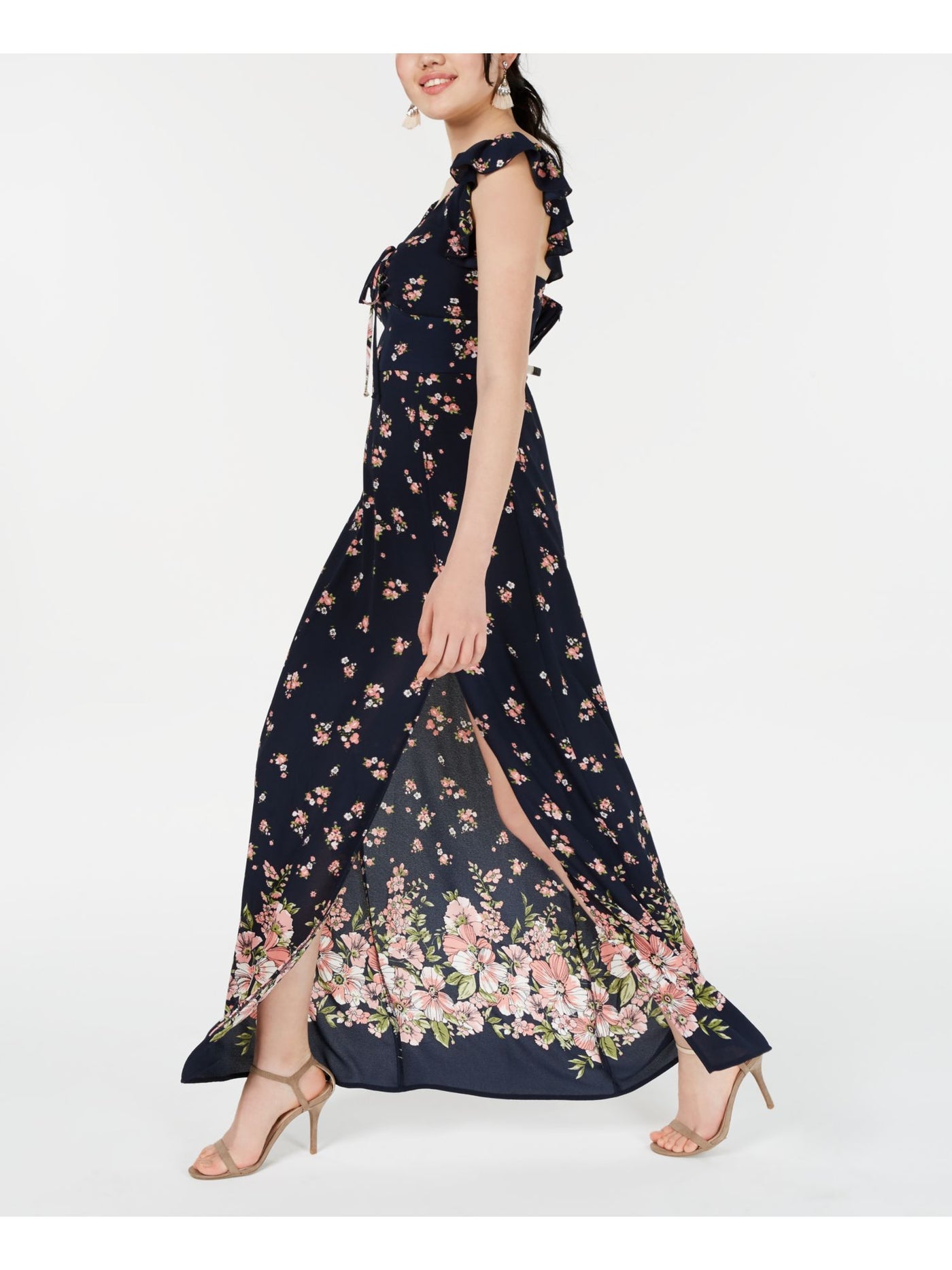TEEZE ME Womens Slitted Ruffled Bow Cap Sleeve Maxi Dress