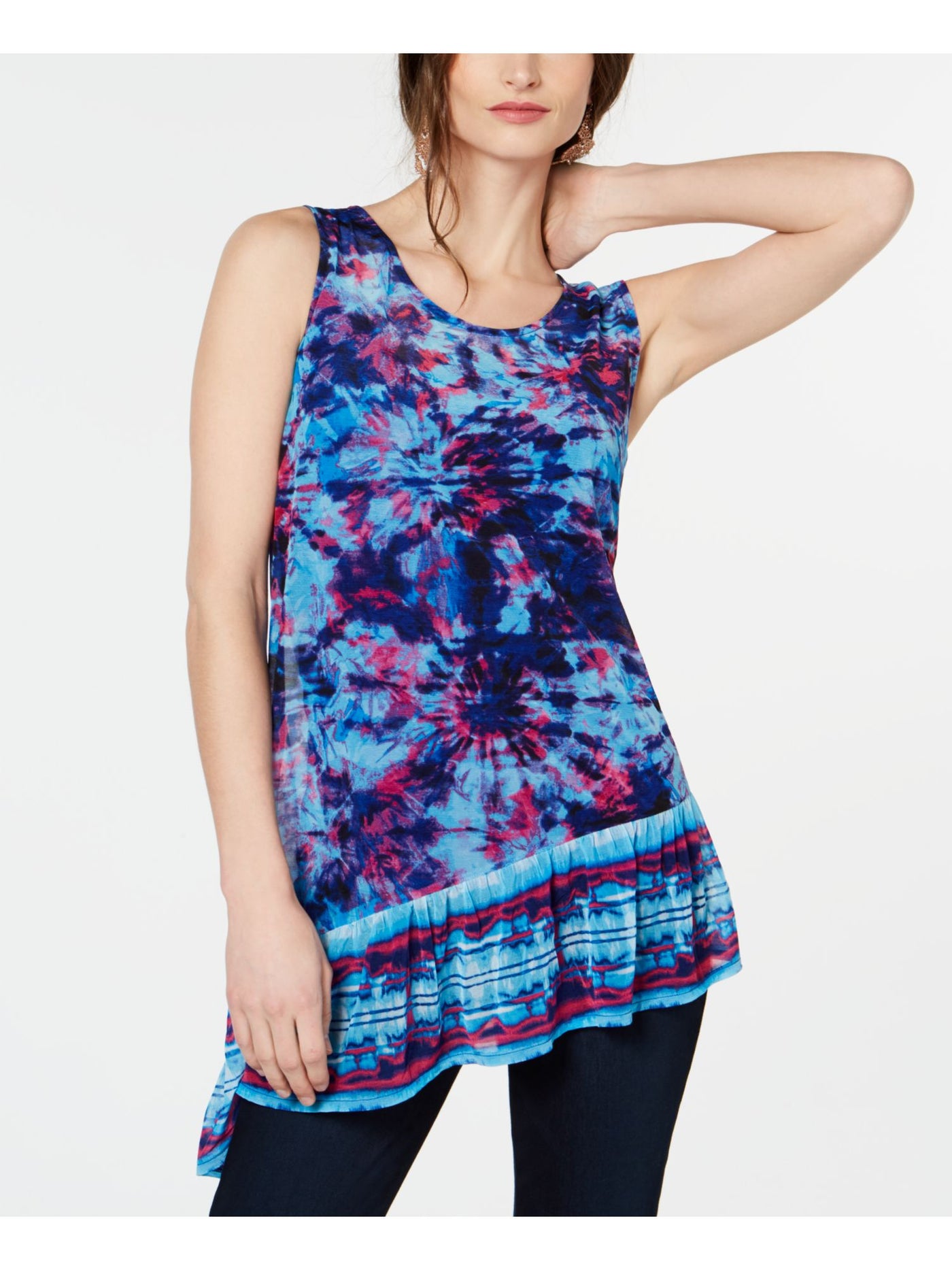 INC Womens Blue Tie Dye Sleeveless Jewel Neck Top Size: XS