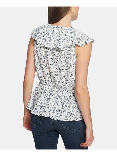 1. STATE Womens Blue Ruffled Flounce Floral V Neck Top M