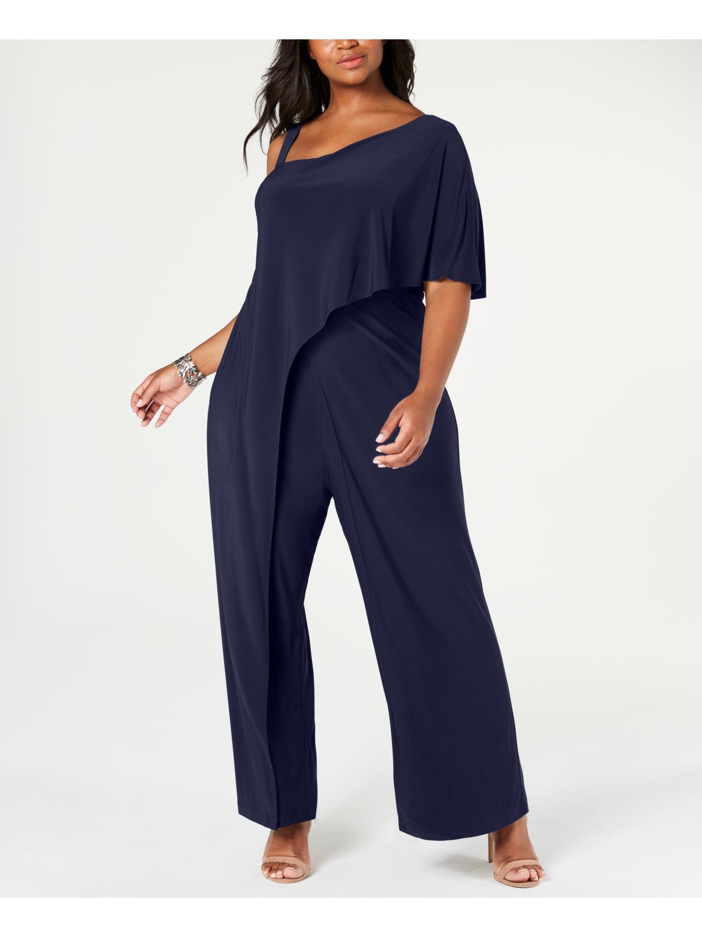 R&M RICHARDS WOMAN Womens Navy Stretch Zippered Draped Panel At Front Flutter Sleeve Asymmetrical Neckline Party Wide Leg Jumpsuit Plus 16W