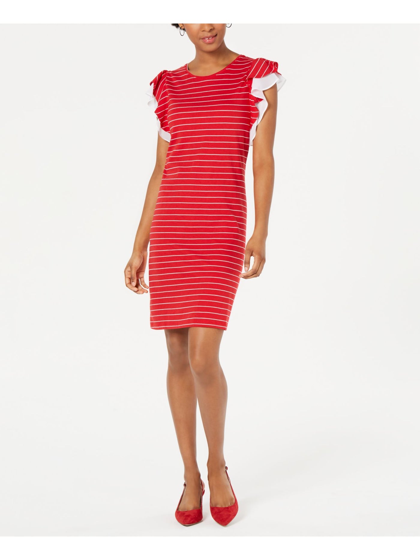 MAISON JULES Womens Ruffled Ruffle Sleeve Short Sleeve Jewel Neck Above The Knee Shift Dress