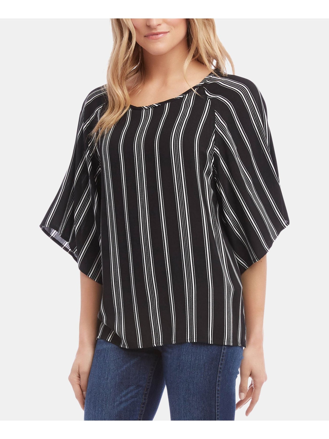 KAREN KANE Womens Black Striped Kimono Sleeve Jewel Neck Top XS