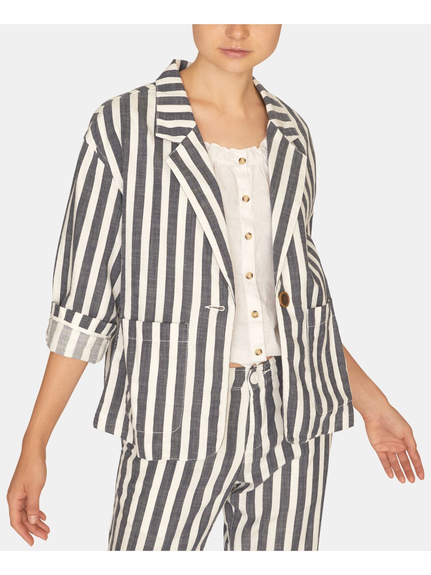 SANCTUARY Womens White Pocketed Notch Collar Striped Blazer Jacket XS