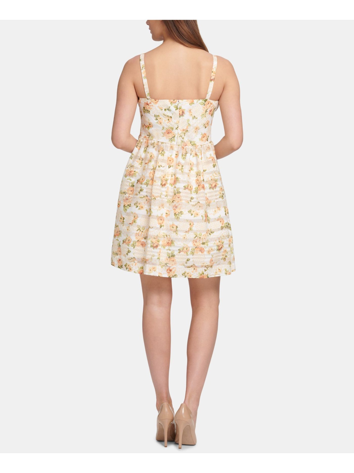 KENSIE Womens Yellow Floral Spaghetti Strap V Neck Mini Fit + Flare Dress 4