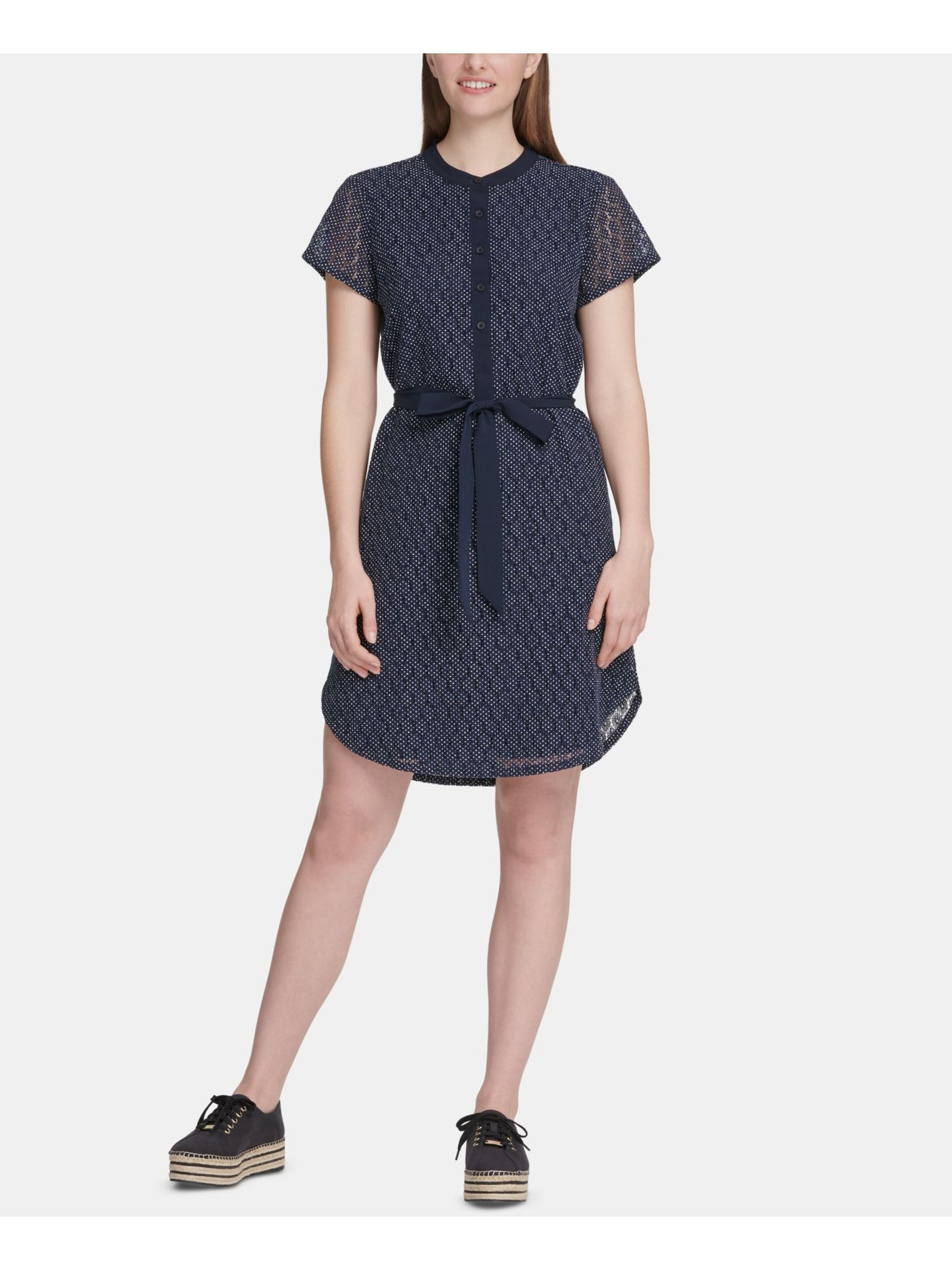 DKNY Womens Navy Polka Dot Mandarin Collar Above The Knee Shirt Dress XS