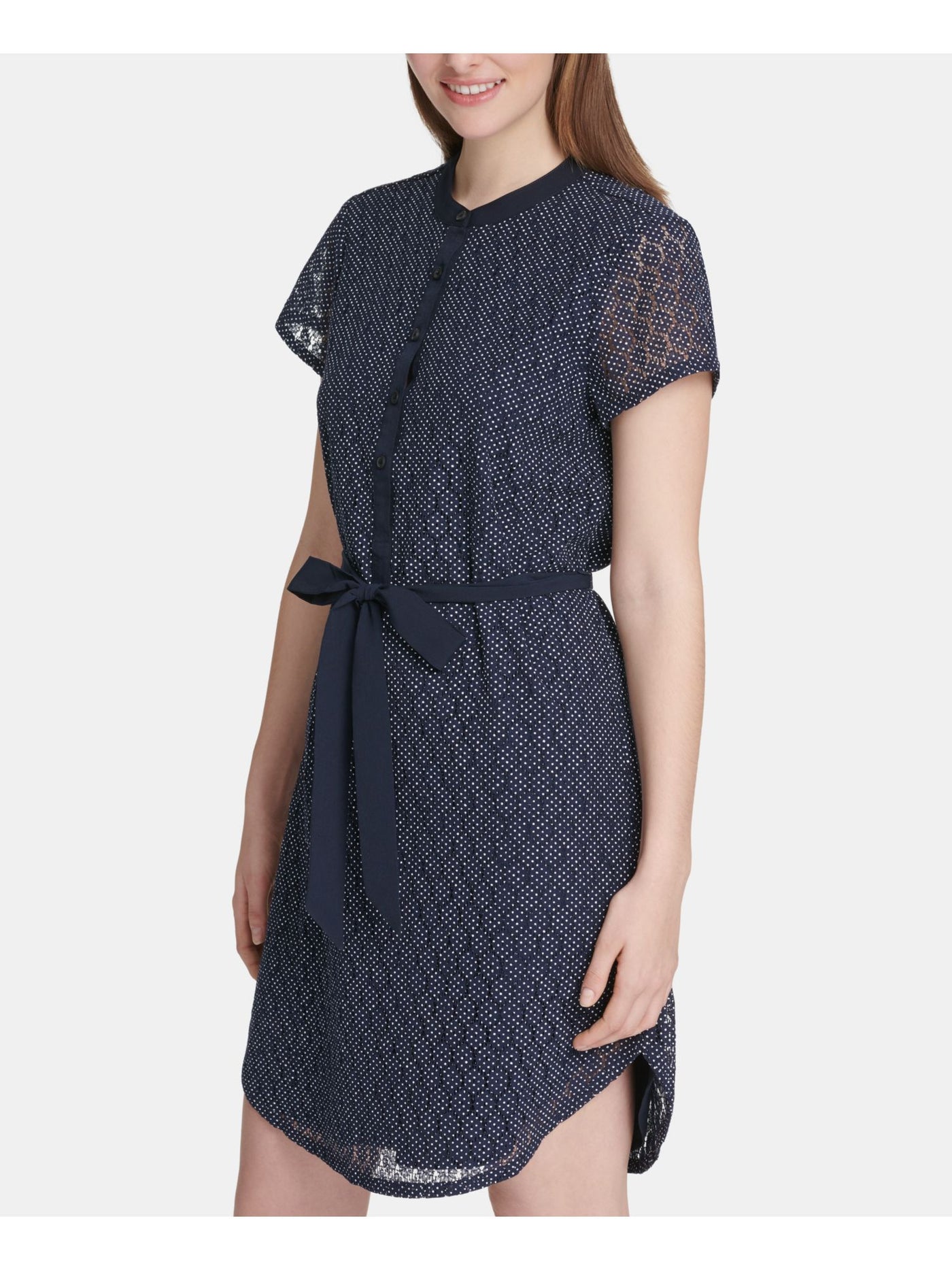 DKNY Womens Navy Polka Dot Mandarin Collar Above The Knee Shirt Dress XS