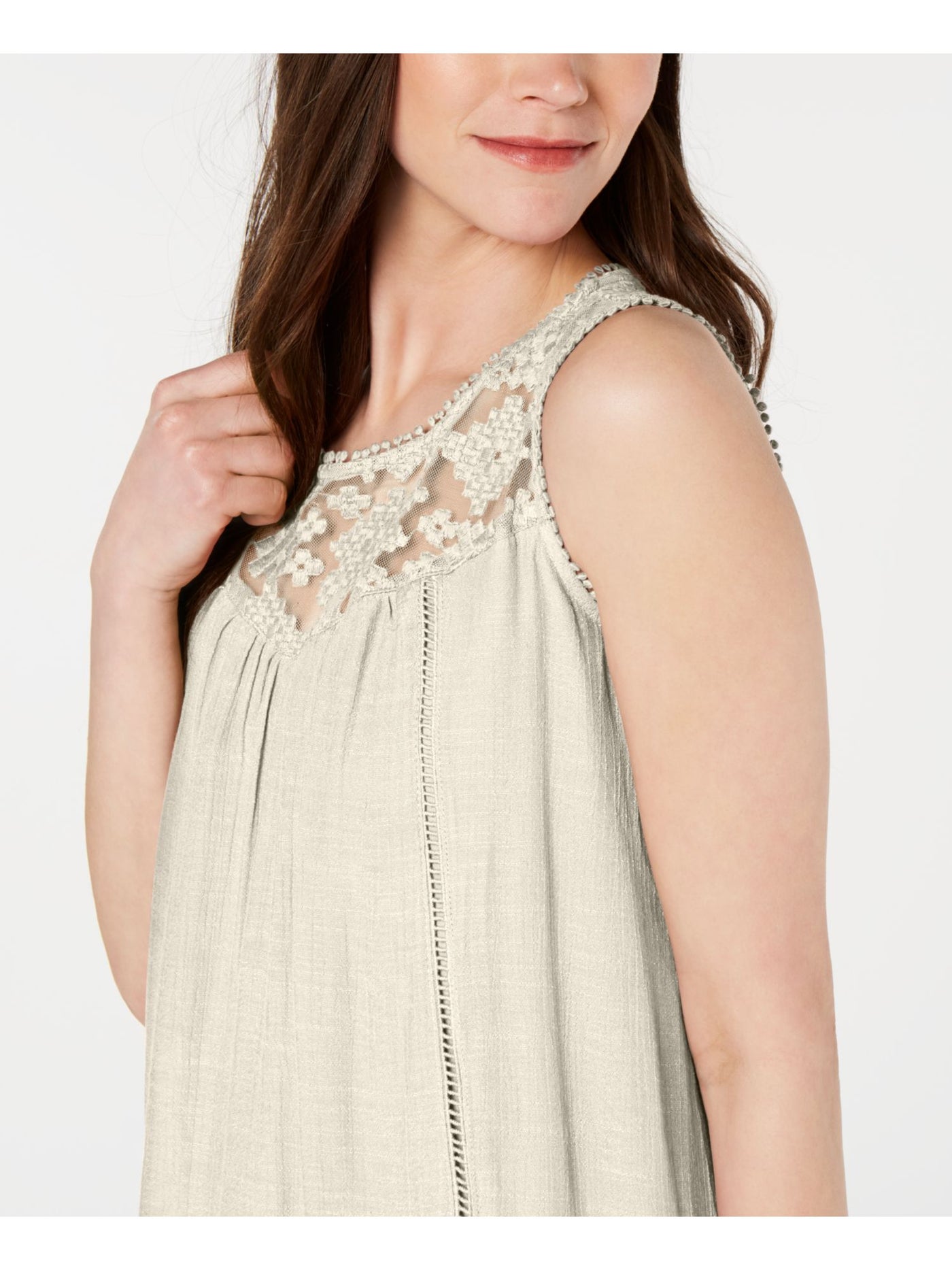 STYLE & COMPANY Womens Beige Lace  Pom Pom Sleeveless Jewel Neck Above The Knee Shift Handkerchief Dress S