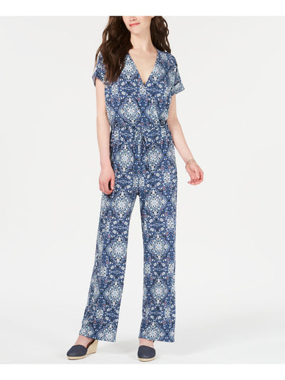 STYLE & COMPANY Womens Blue Printed Short Sleeve V Neck Wrap Jumpsuit L