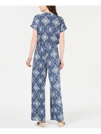 STYLE & COMPANY Womens Blue Printed Short Sleeve V Neck Wrap Jumpsuit L