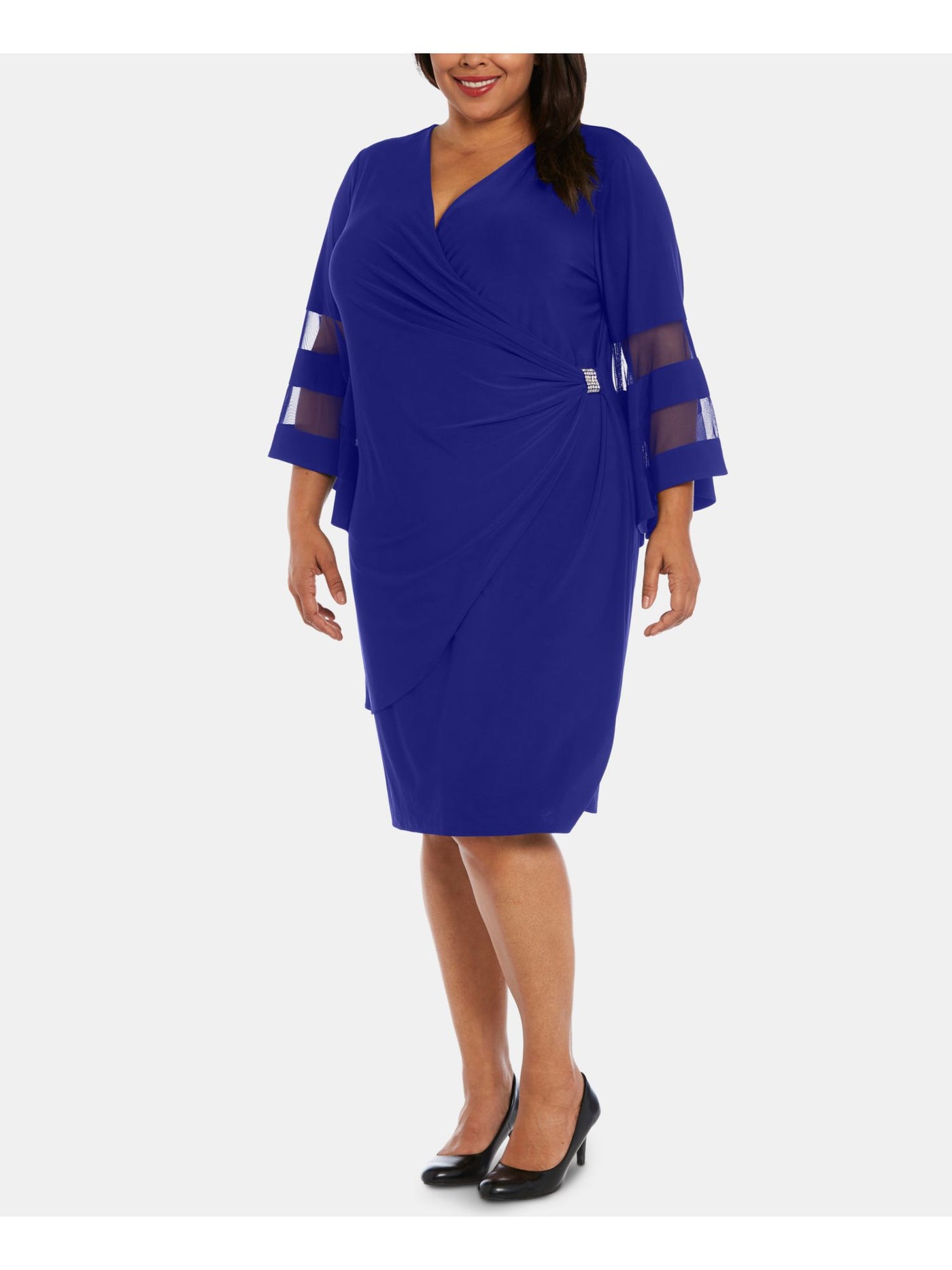 R&M RICHARDS WOMAN Womens Blue Beaded Illusion Bell Sleeve V Neck Knee Length Wrap Dress Plus 18W