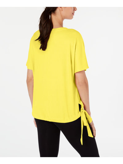 IDEOLOGY Womens Yellow Ribbed Patterned Short Sleeve Jewel Neck T-Shirt XS