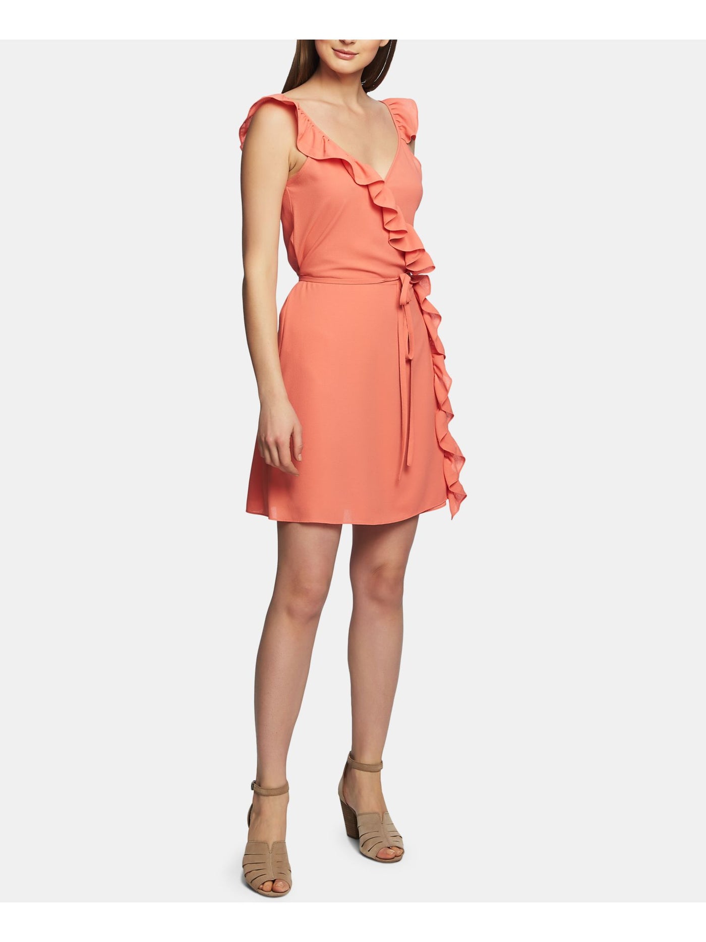 1. STATE Womens Coral Ruffled Sleeveless V Neck Above The Knee Party Wrap Dress 2