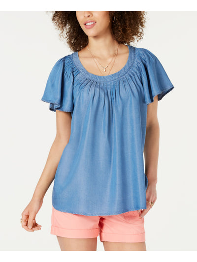 STYLE & COMPANY Womens Blue Pleated Short Sleeve Scoop Neck Blouse XL