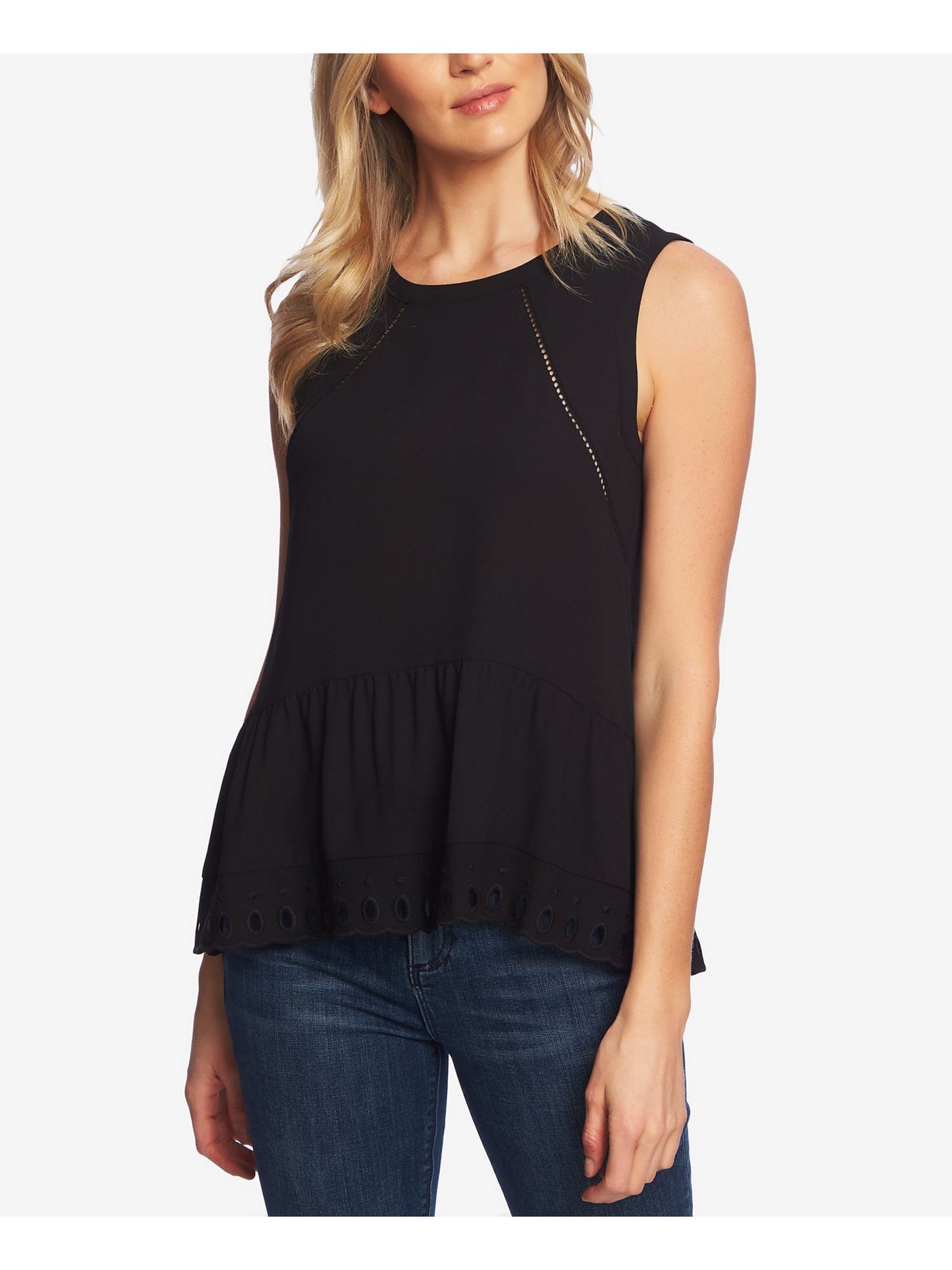 1. STATE Womens Black Eyelet Sleeveless Crew Neck Peplum Top XS