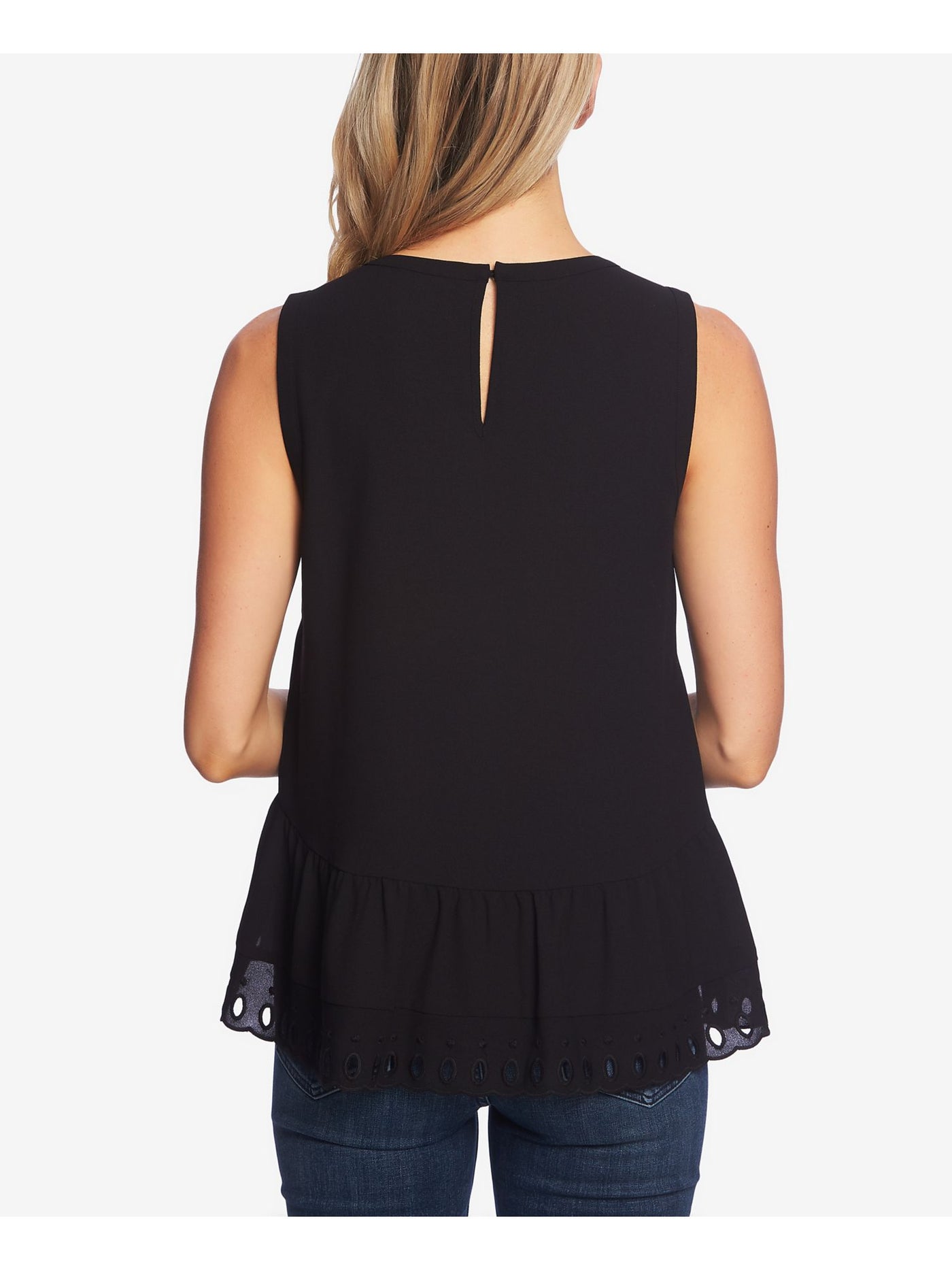 1. STATE Womens Black Eyelet Sleeveless Crew Neck Peplum Top XS