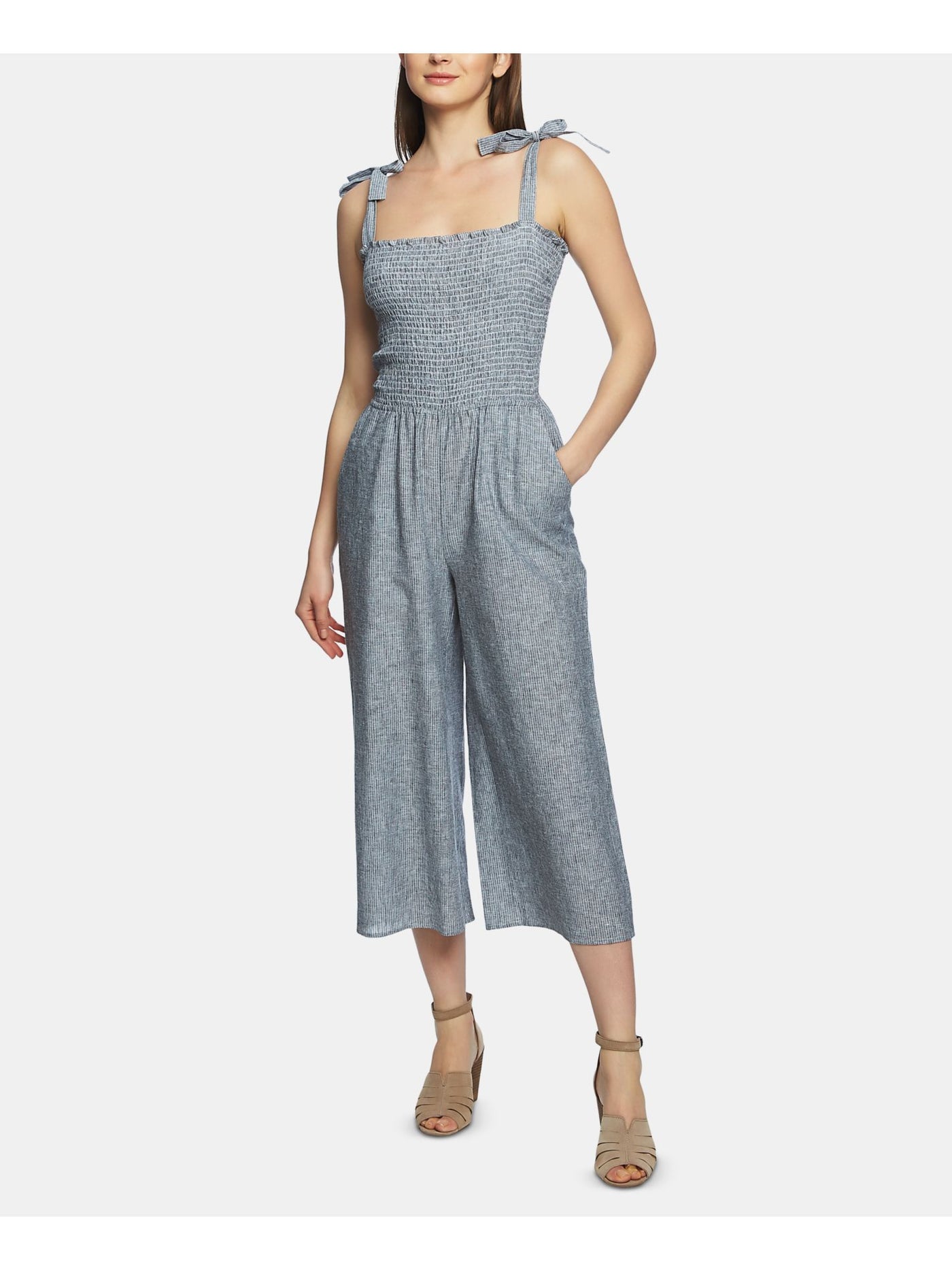 1. STATE Womens Gray Pinstripe Square Neck Wide Leg Jumpsuit L