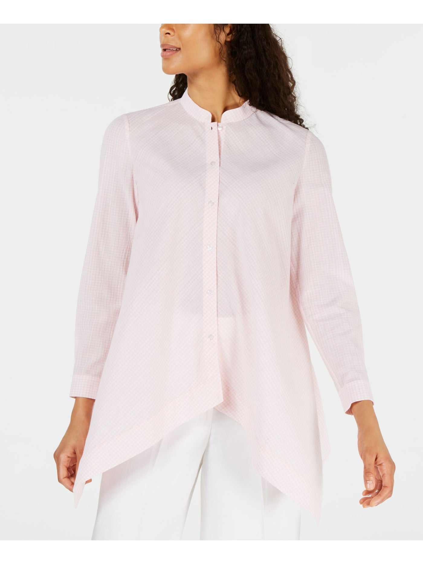 ANNE KLEIN Womens Pink Check Cuffed Collared Button Up Top 10