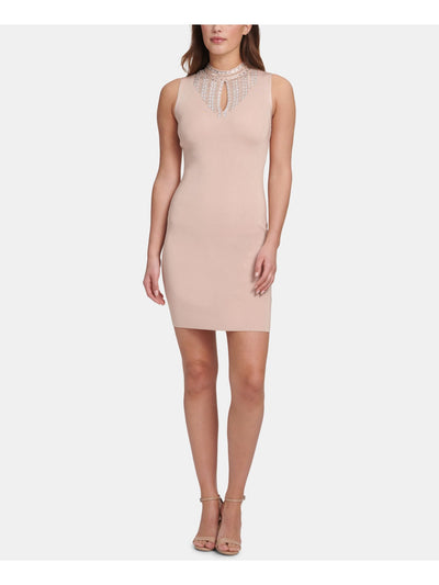 MARCIANO Womens Beige Embellished Sleeveless Keyhole Short Cocktail Body Con Dress M