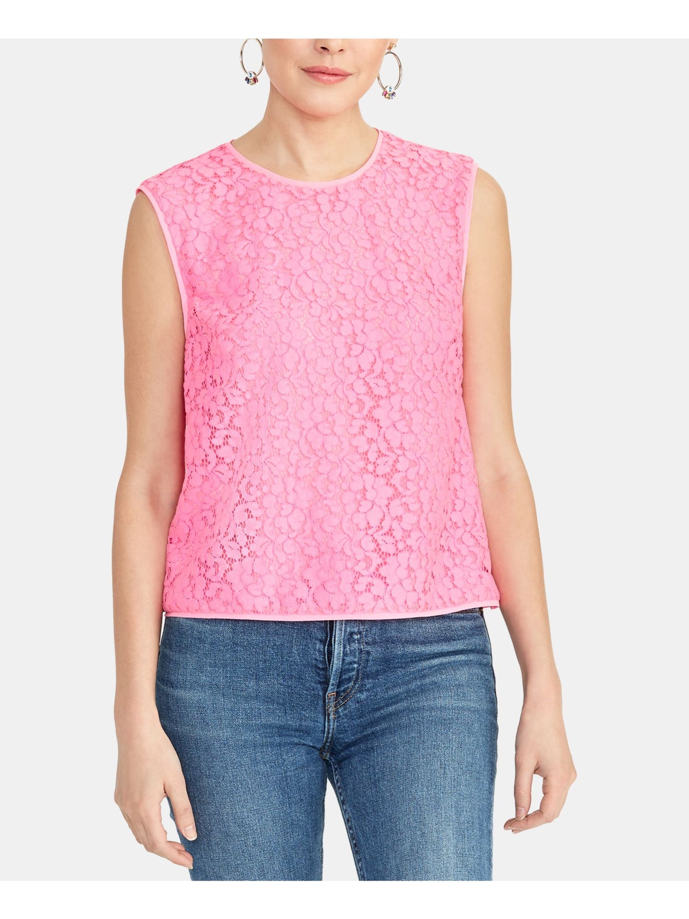 RACHEL ROY Womens Pink Lace Cap Sleeve Crew Neck Top L