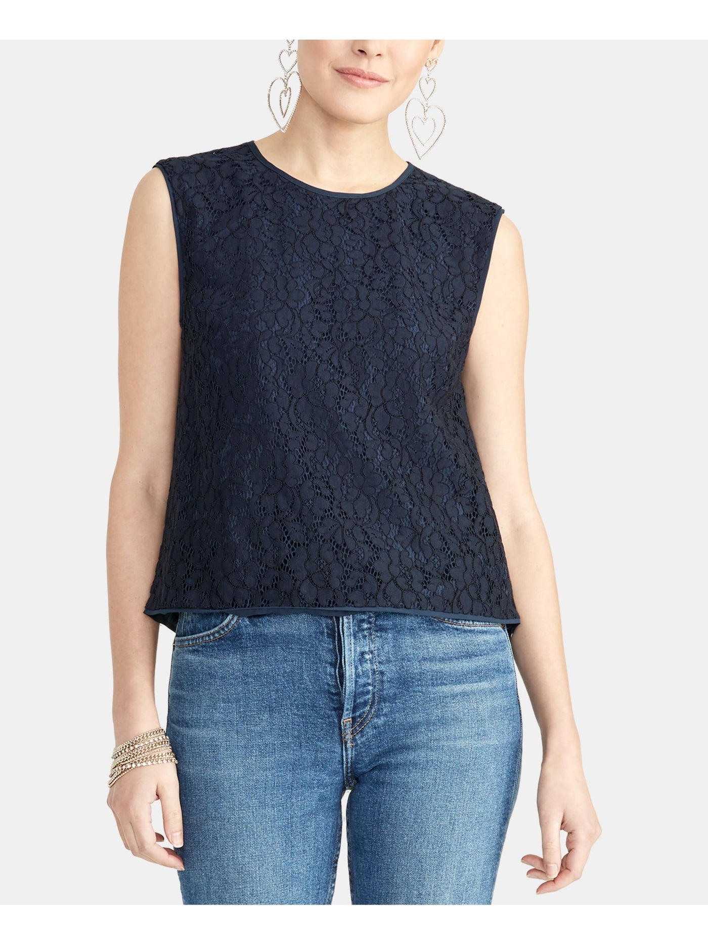 RACHEL ROY Womens Navy Lace Cap Sleeve Crew Neck Top L