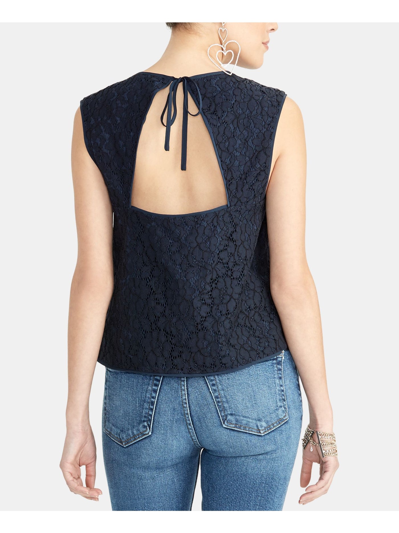 RACHEL ROY Womens Navy Lace Cap Sleeve Crew Neck Top L