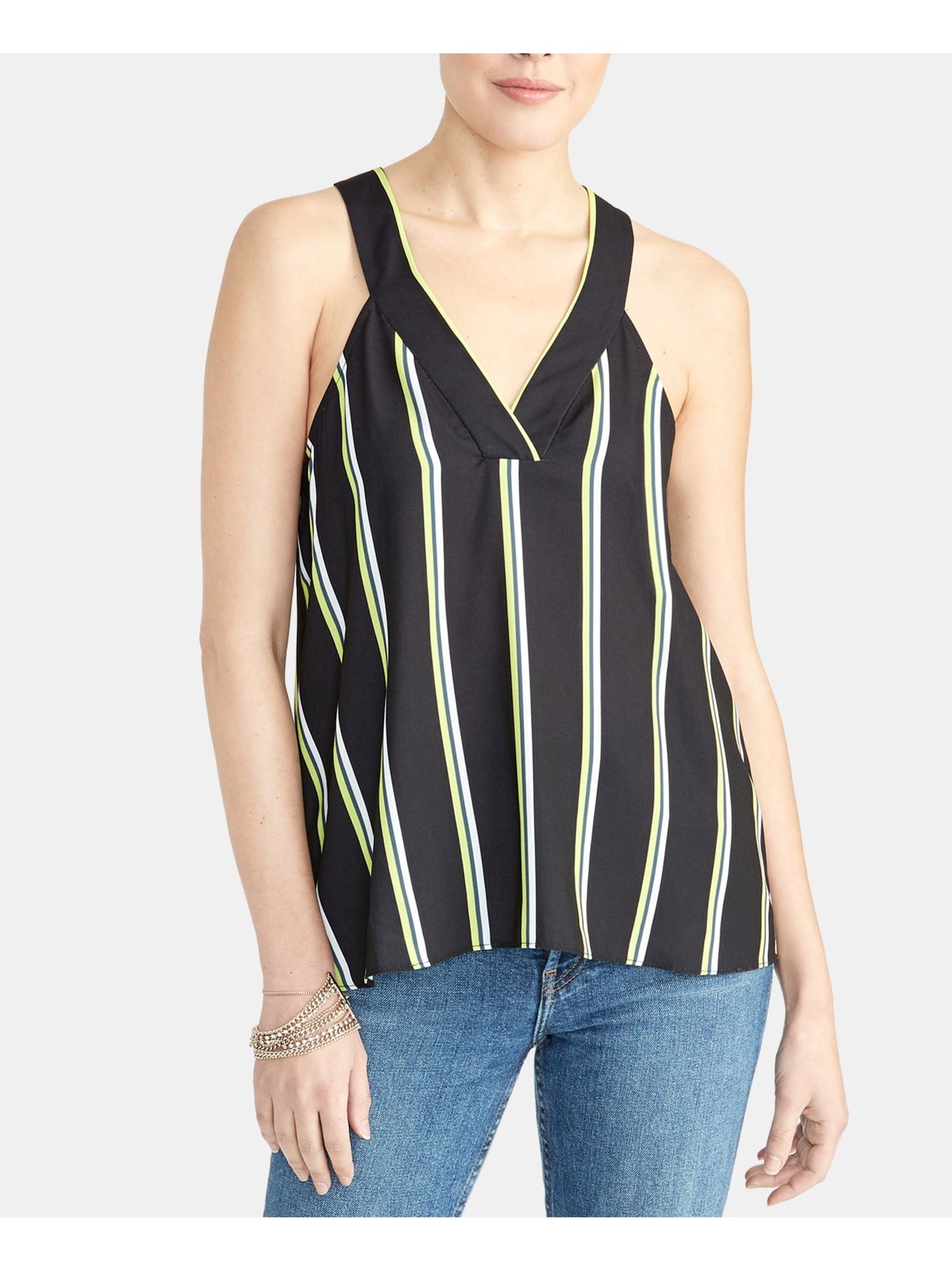 RACHEL ROY Womens Black Striped Sleeveless V Neck Blouse S