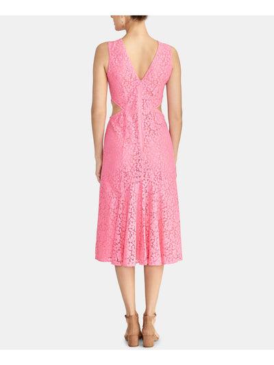 RACHEL ROY Womens Pink Lace Sleeveless Jewel Neck Midi Evening Fit + Flare Dress 2