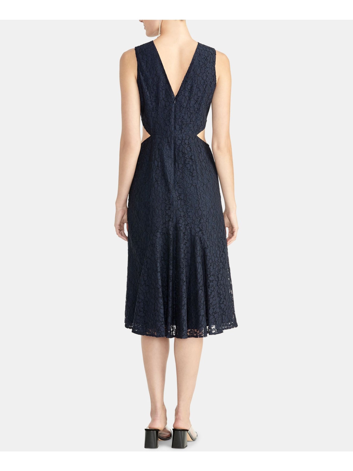 RACHEL ROY Womens Navy Lace Cut Out Zippered Sleeveless Jewel Neck Midi Evening Fit + Flare Dress 6