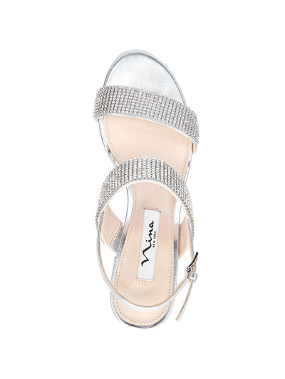 NINA Womens Silver Padded Rhinestone Adjustable Strap Naomi Almond Toe Block Heel Buckle Slingback Sandal 6.5 M