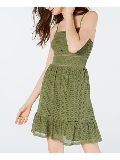 CITY STUDIO Womens Green Eyelet Spaghetti Strap Square Neck Mini A-Line Dress Juniors 3