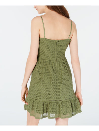 CITY STUDIO Womens Green Eyelet Spaghetti Strap Square Neck Mini A-Line Dress Juniors 3