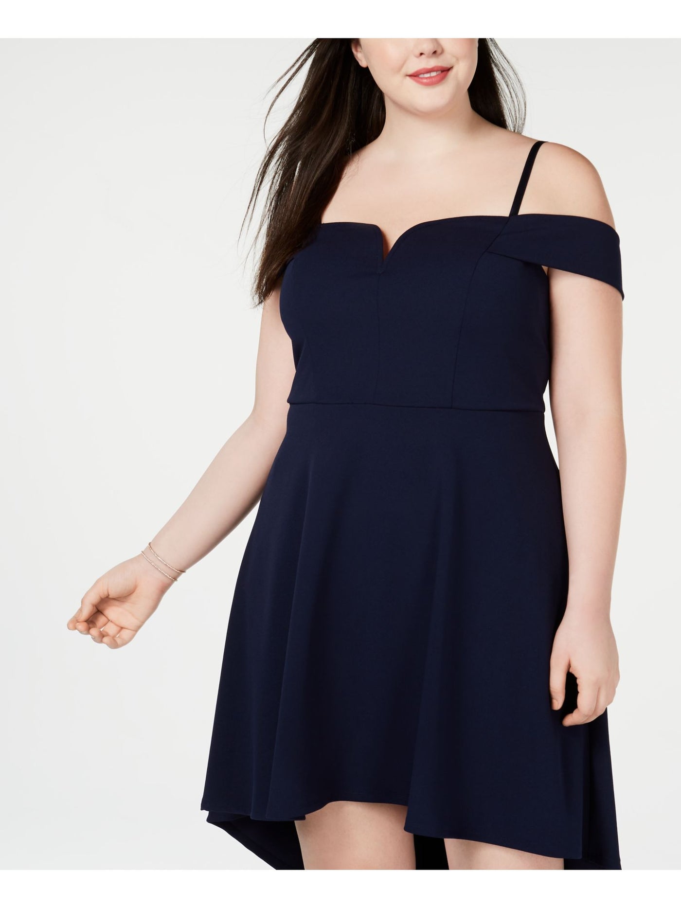 CITY STUDIO Womens Navy Cold Shoulder Spaghetti Strap Off Shoulder Midi Formal Fit + Flare Dress Plus 22W