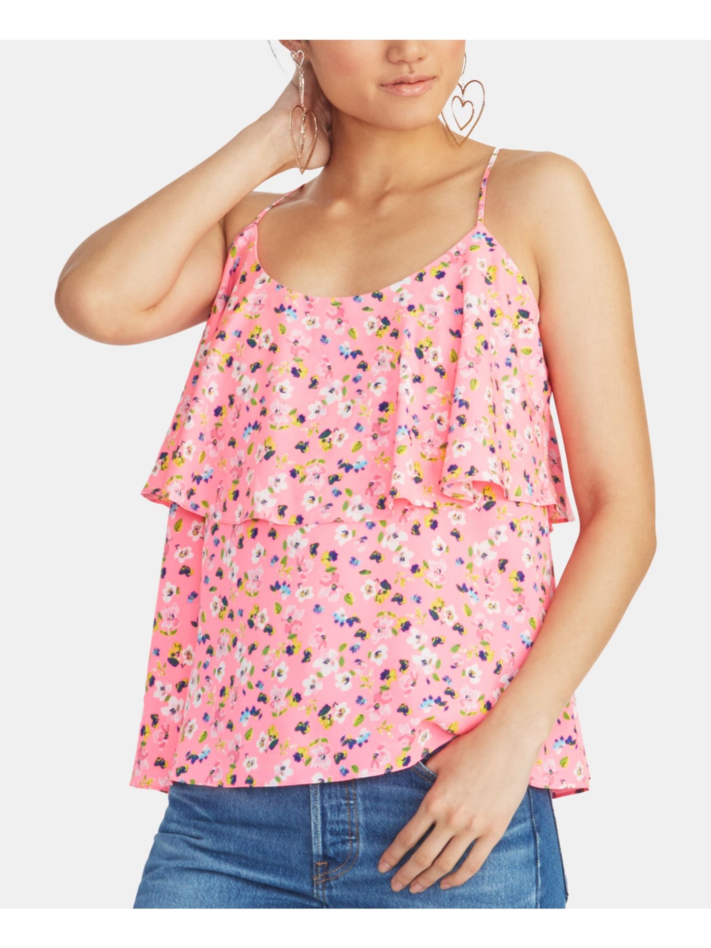 RACHEL ROY Womens Pink Ruffled Spaghetti Strap Scoop Neck Tank Top L