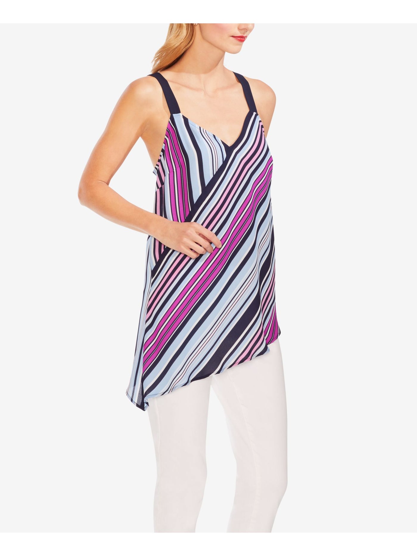 VINCE CAMUTO Womens Blue Striped Sleeveless V Neck Top XL