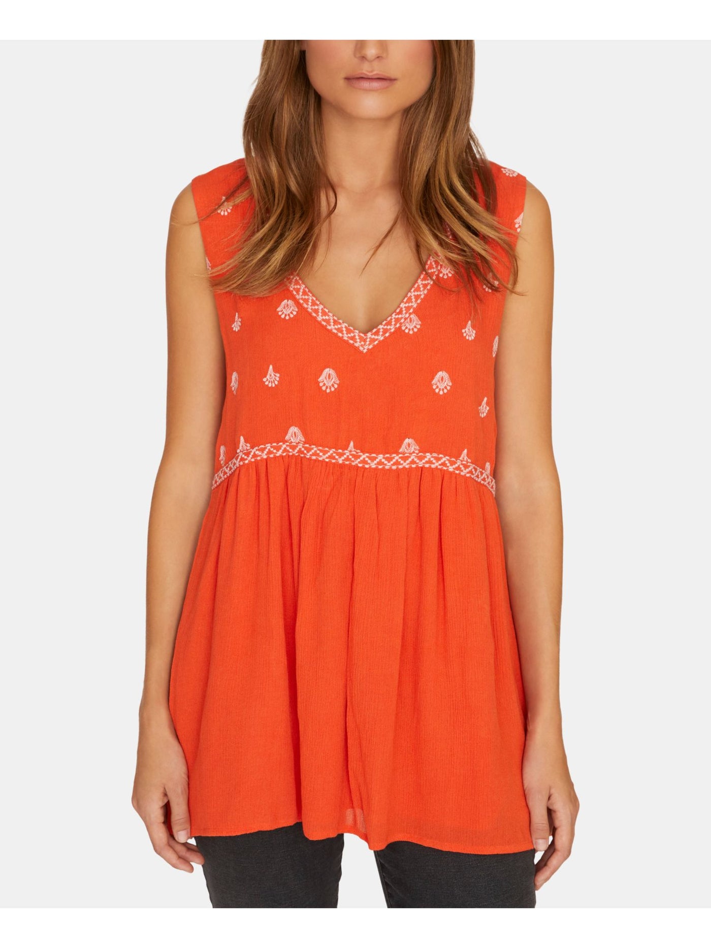 SANCTUARY Womens Orange Embroidered Printed Sleeveless V Neck Tunic Top 2XS