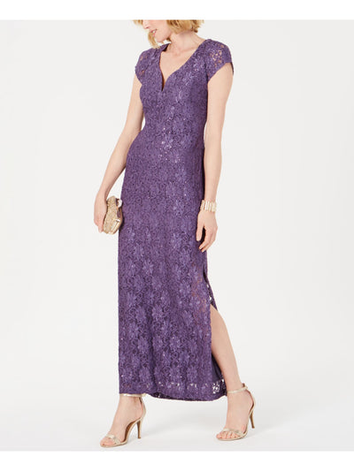 CONNECTED APPAREL Womens Purple Sequined Lace Short Sleeve V Neck Maxi Cocktail Sheath Dress 10