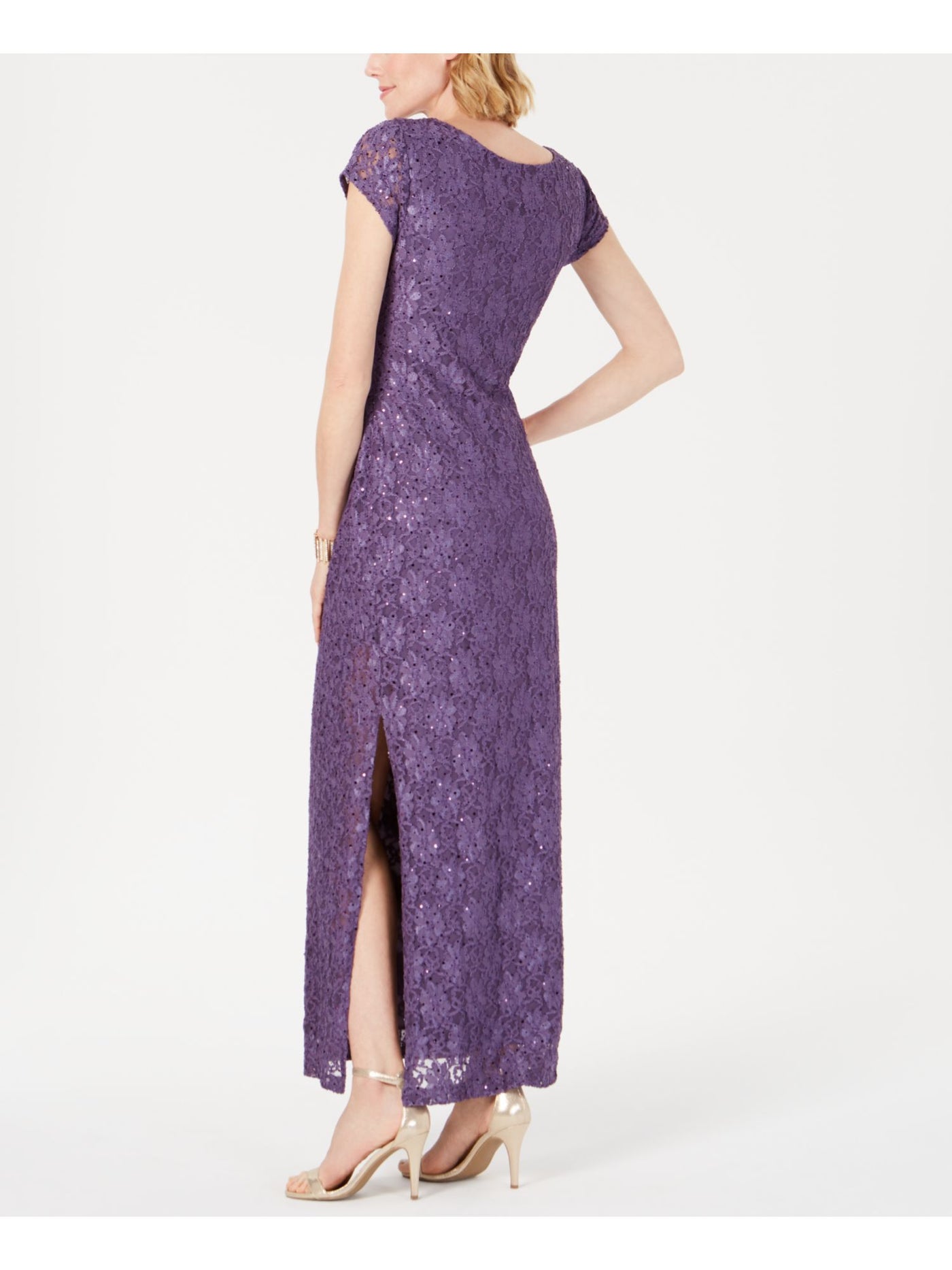 CONNECTED APPAREL Womens Purple Sequined Lace Short Sleeve V Neck Maxi Cocktail Sheath Dress 10