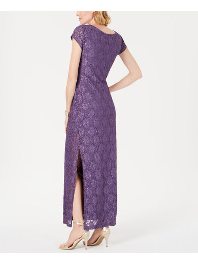 CONNECTED APPAREL Womens Purple Sequined Lace Short Sleeve V Neck Maxi Cocktail Sheath Dress 10