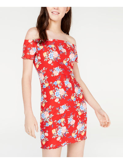 ULTRA FLIRT Womens Red Floral Short Sleeve Off Shoulder Mini Body Con Dress XXS