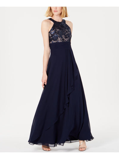 CALVIN KLEIN Womens Navy Ruffled Sequined Sleeveless Halter Maxi Formal Sheath Dress 6