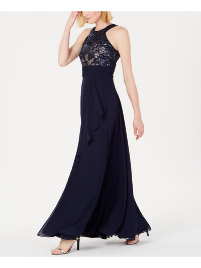 CALVIN KLEIN Womens Navy Ruffled Sequined Sleeveless Halter Maxi Formal Sheath Dress 6
