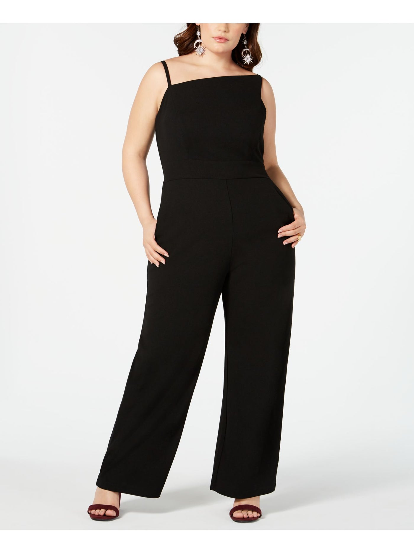 TEEZE ME Womens Spaghetti Strap Square Neck Wide Leg Jumpsuit