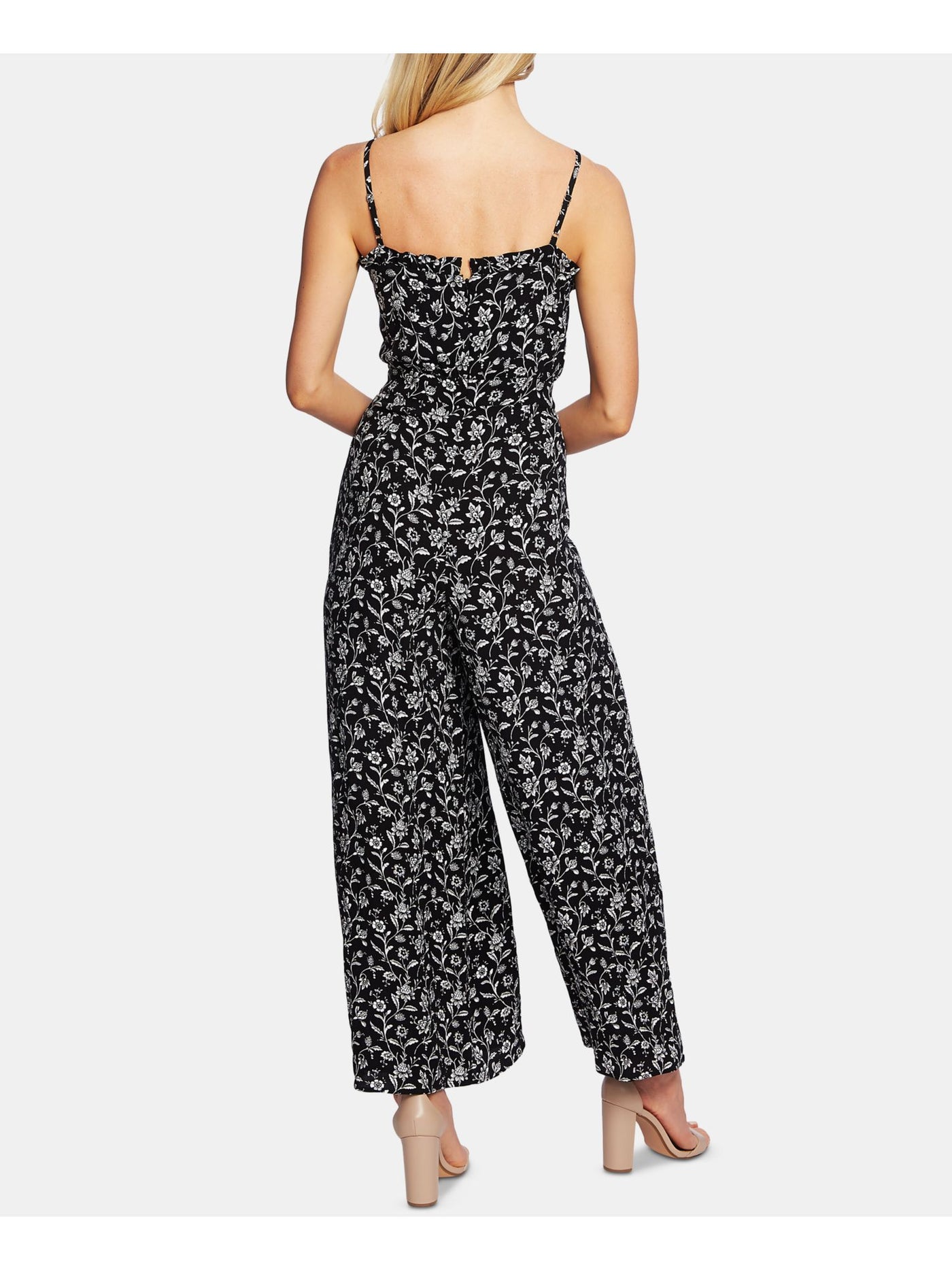 CECE Womens Black Floral Spaghetti Strap Square Neck Wide Leg Jumpsuit 10