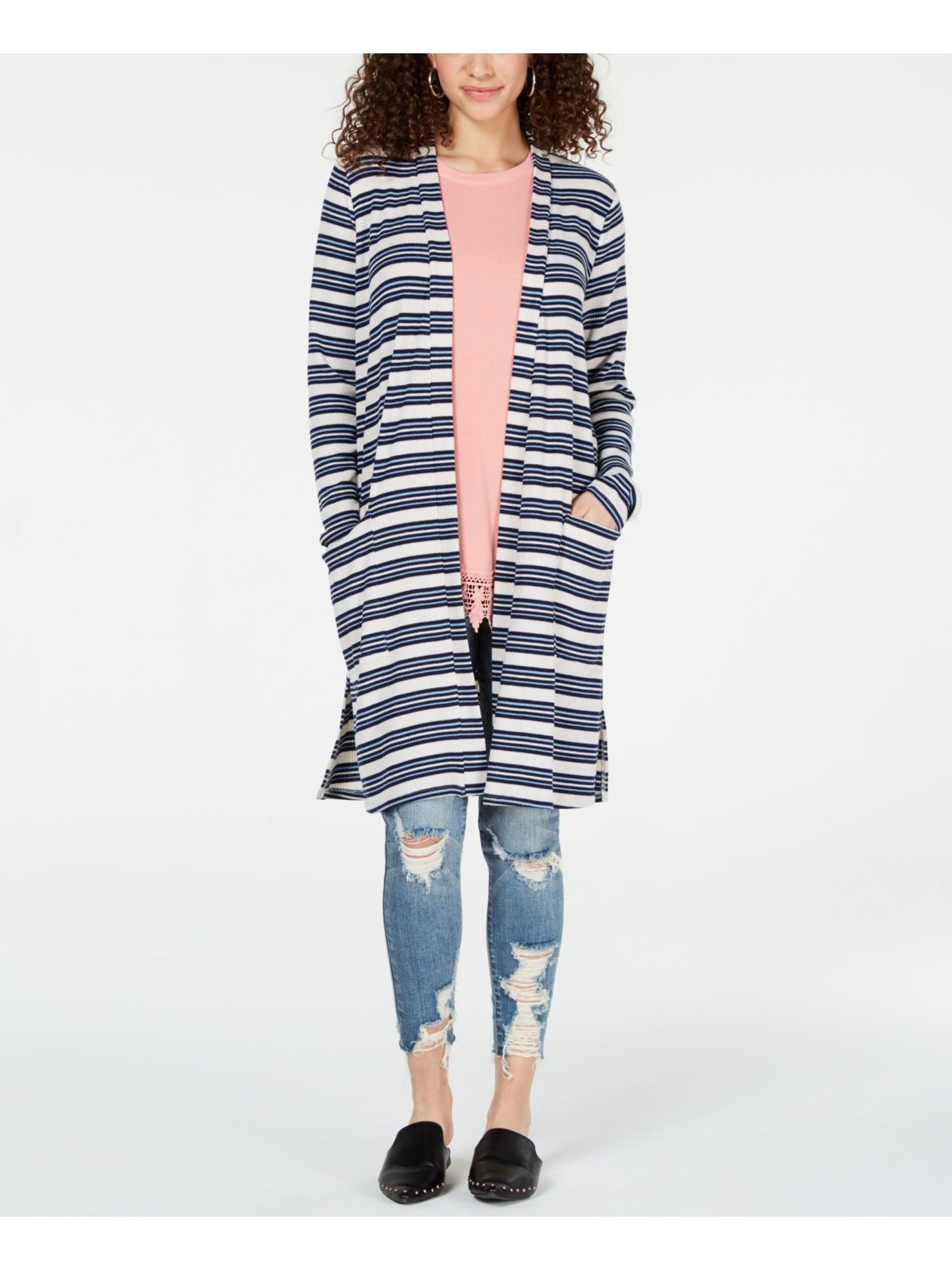 HIPPIE ROSE Womens Pocketed Striped Long Sleeve Open Cardigan Duster Sweater