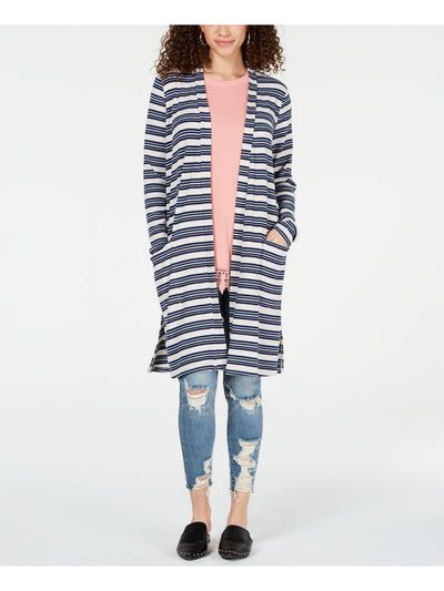 HIPPIE ROSE Womens Blue Pocketed Striped Long Sleeve Open Cardigan Duster Sweater M