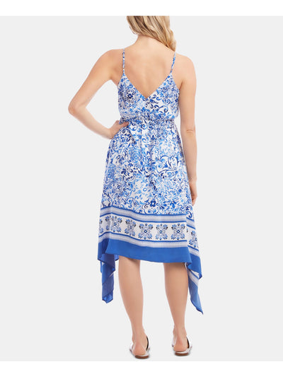 KAREN KANE Womens Blue Printed Spaghetti Strap V Neck Maxi Dress L