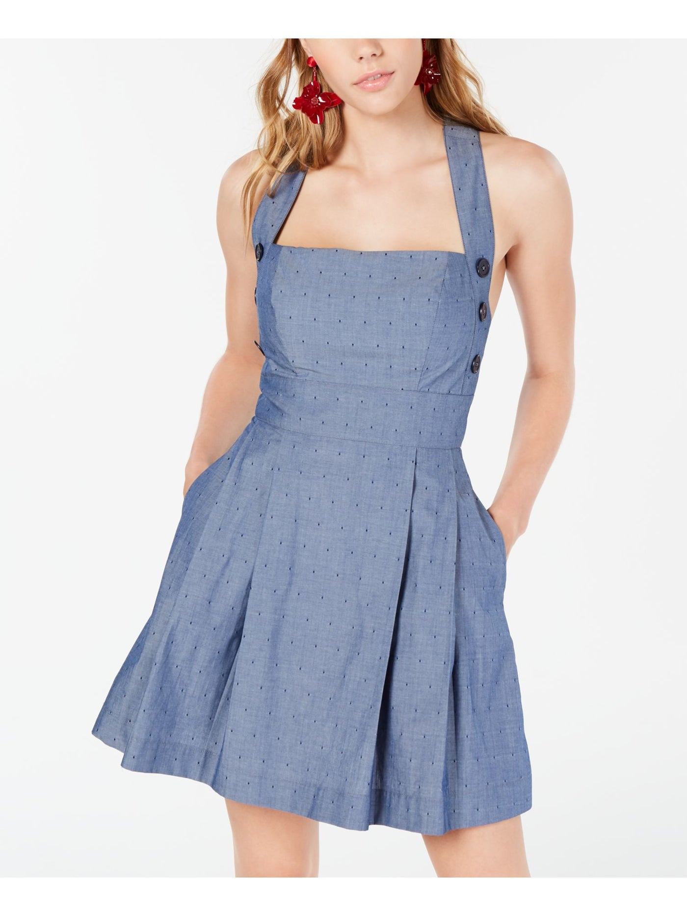 TEEZE ME Womens Pocketed Criss Cross Back Sleeveless Square Neck Mini Fit + Flare Dress